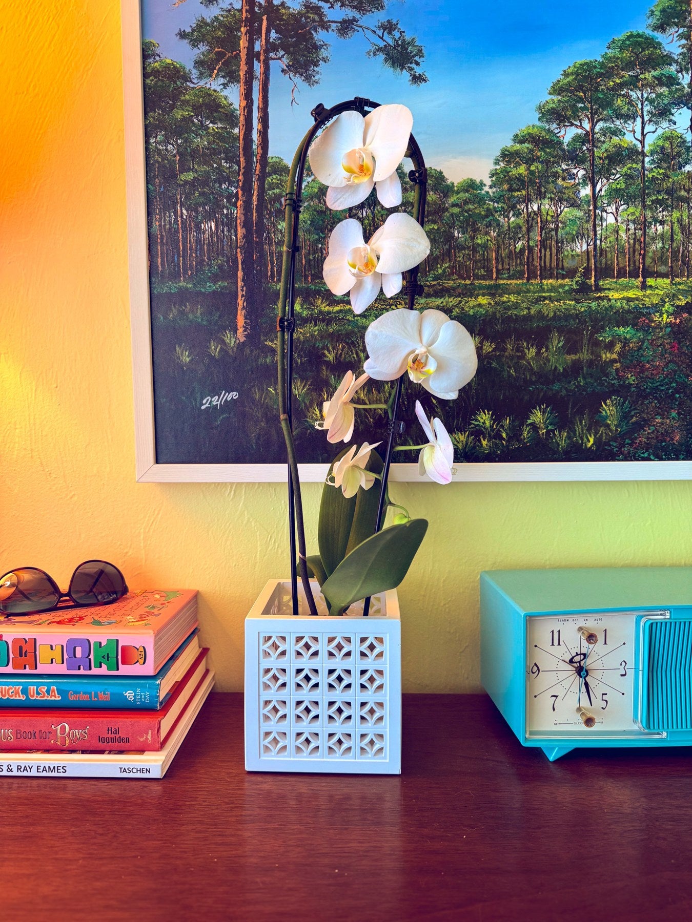 A white breeze-block orchid planter beside books and a turquoise clock